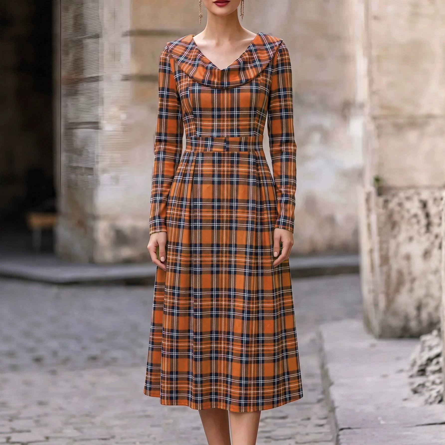 Herbst/Winter Bedrucktes A-Linien Kleid