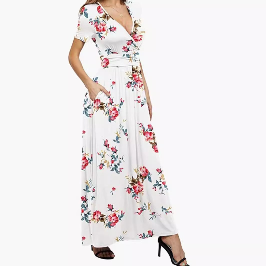 Bedrucktes V-Neck Sommerkleid mit kurzen Ärmeln – Bild 3 | LuxeStyle