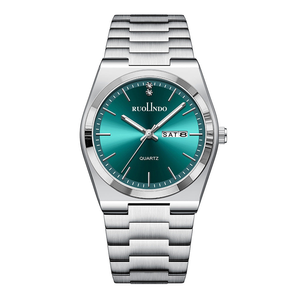 Doppeltkalender Herrenuhr Edelstahl Leuchtend