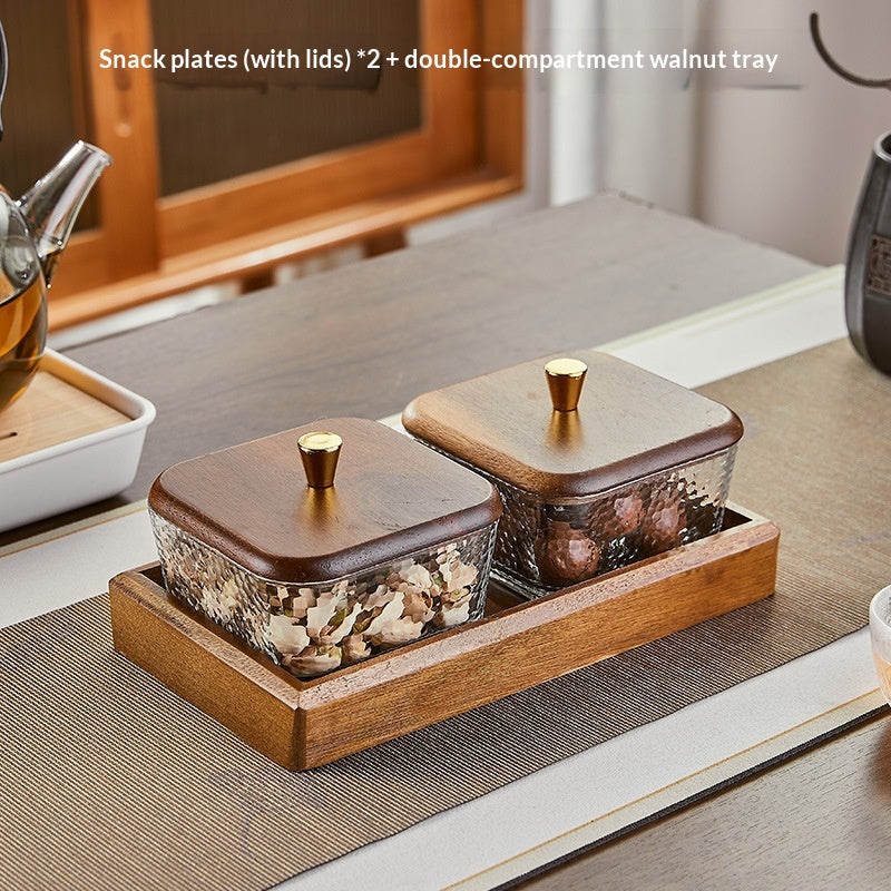Glas-Servierplatte mit Holztablett