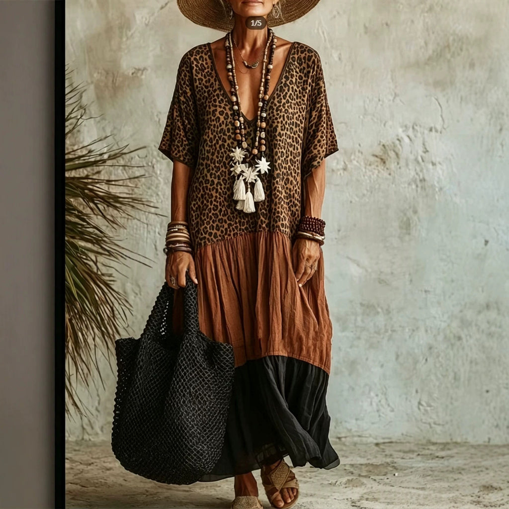 Langes Casual-Kleid mit Leo-Print und Color-Blocking – Bild 7 | LuxeStyle