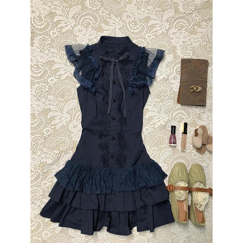 Ärmelloses Kleid mit Schleife und Spitze – Bild 5 | LuxeStyle