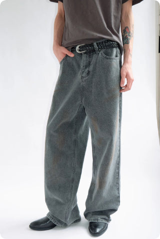 Smoke Grey Washed Denim Jeans Straight Tube