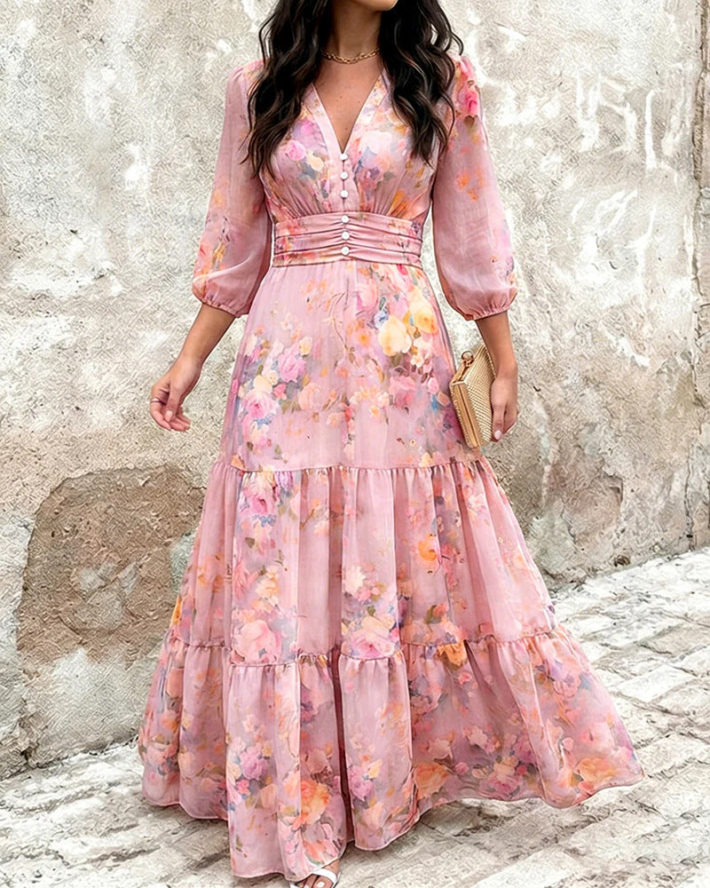 Chiffonkleid mit Volants und Taillengürtel