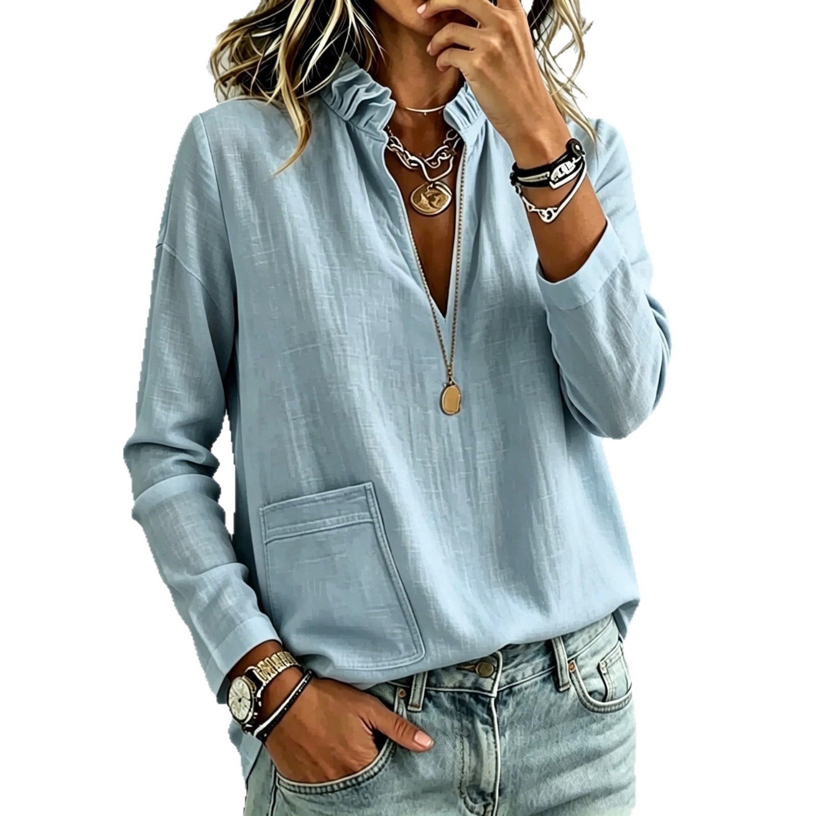 Stehkragen-Bluse mit langen Ärmeln und Taschen