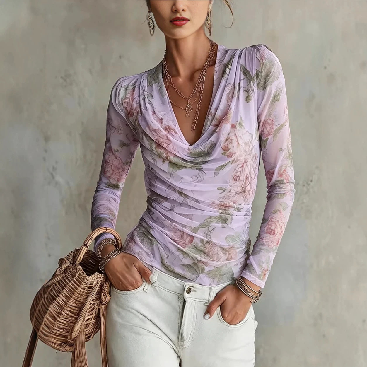 Chiffon-Top mit Blumenmuster und V-Ausschnitt