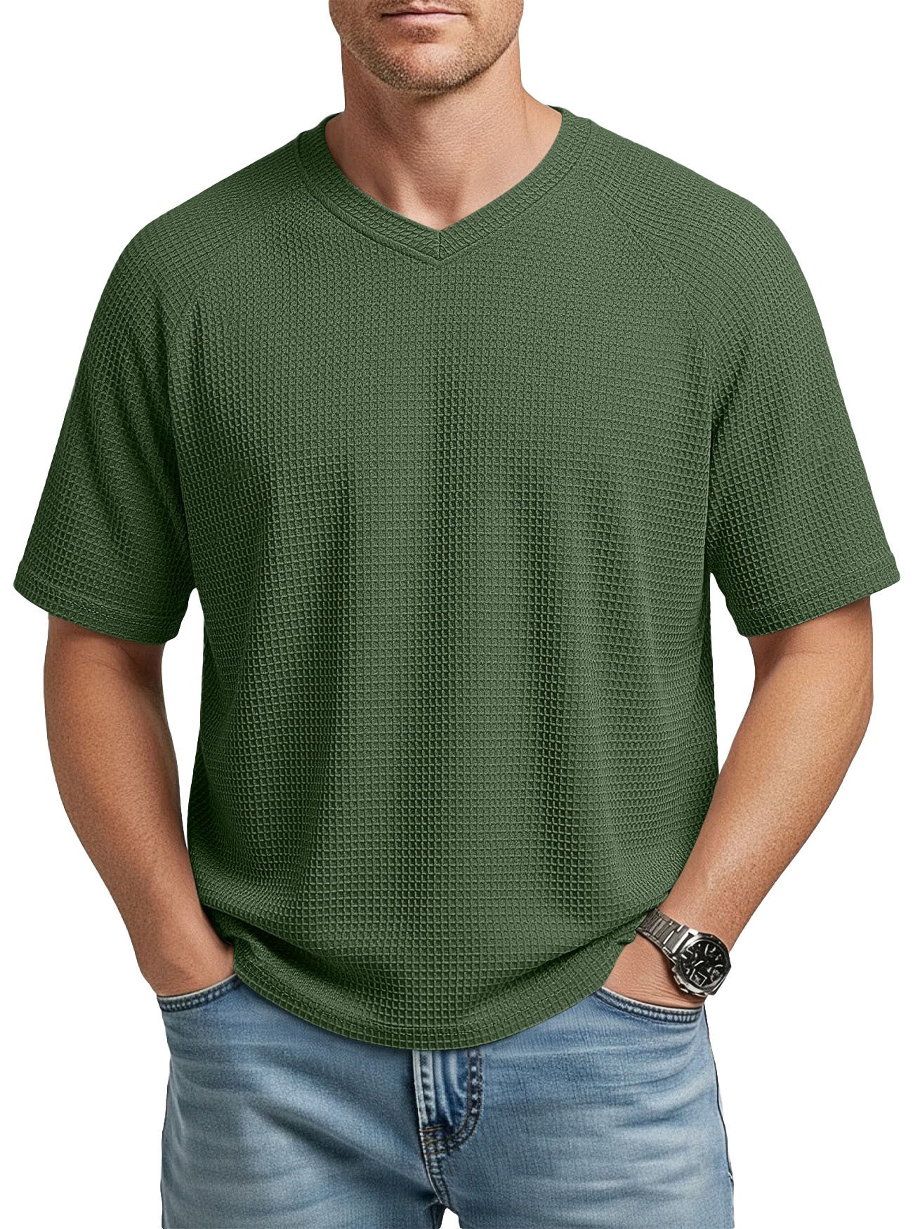 Herren V-Ausschnitt Raglan Waffelstrick T-Shirt