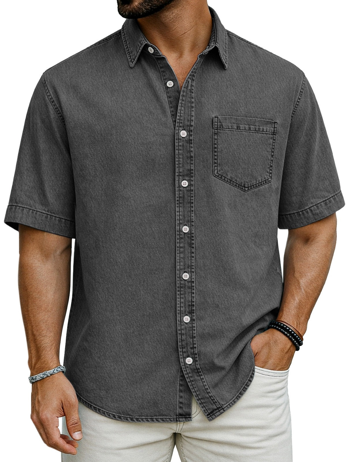 Herren Kurzarm-Casual-Shirt Sommer Sandgewaschen