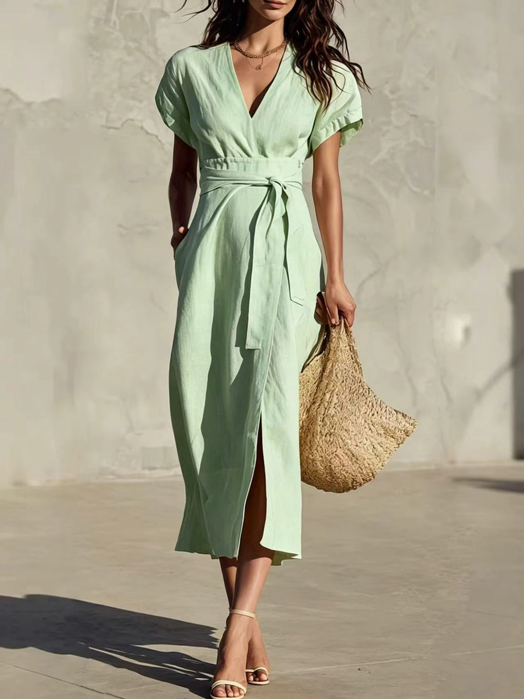 Midi-Kleid mit V-Ausschnitt & Taschen – Bild 6 | LuxeStyle