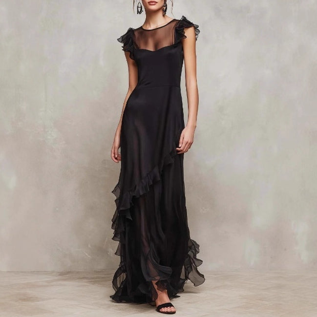 Asymmetrisches langes Kleid mit Bischofsärmeln – Bild 6 | LuxeStyle