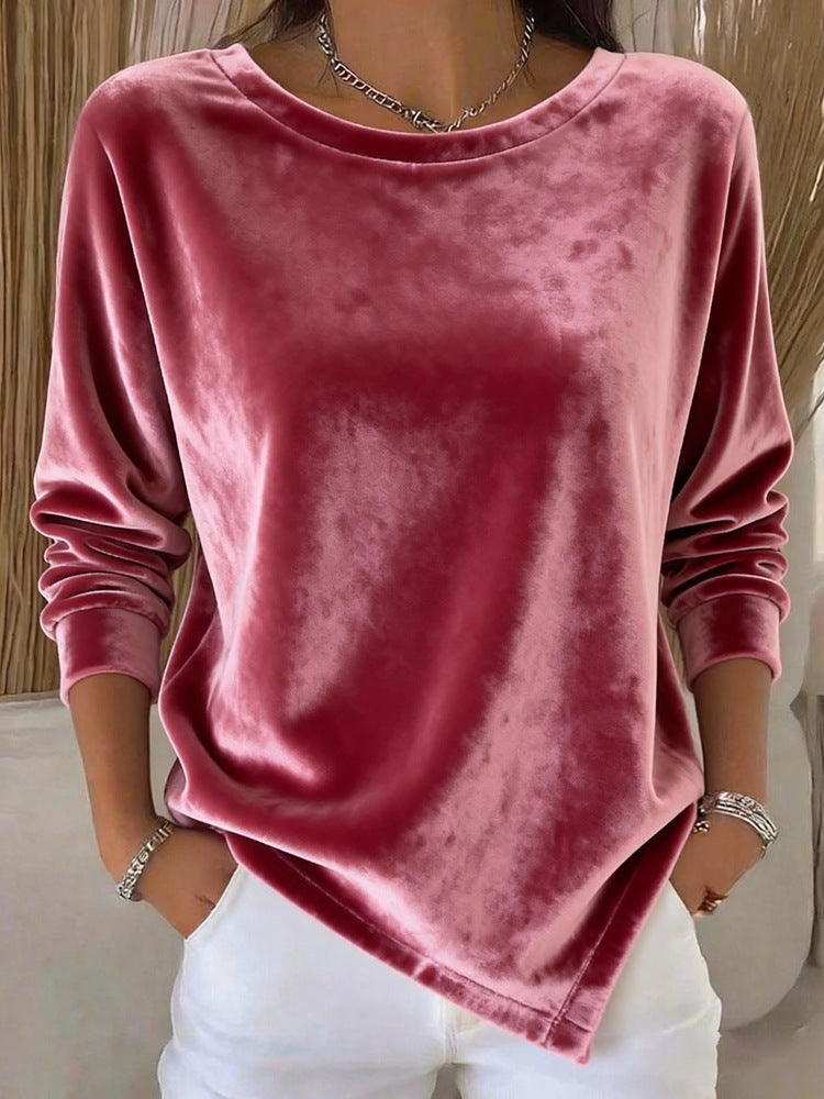 Samtbluse mit Rundhals und langen Ärmeln | LuxeStyle