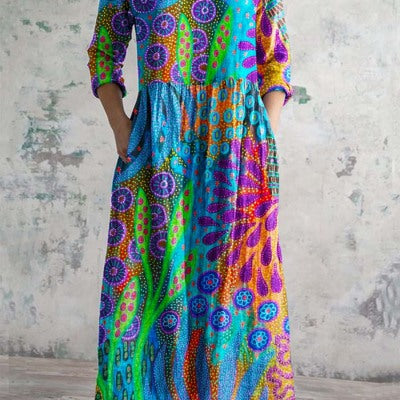Elegantes 3D Digital-Print Langarm V-Ausschnitt Kleid – Bild 5 | LuxeStyle