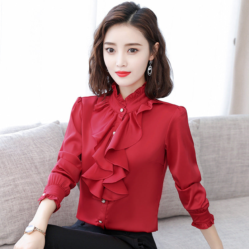 Langarm-Chiffonbluse mit Stehkragen und Rüschen – Bild 2 | LuxeStyle