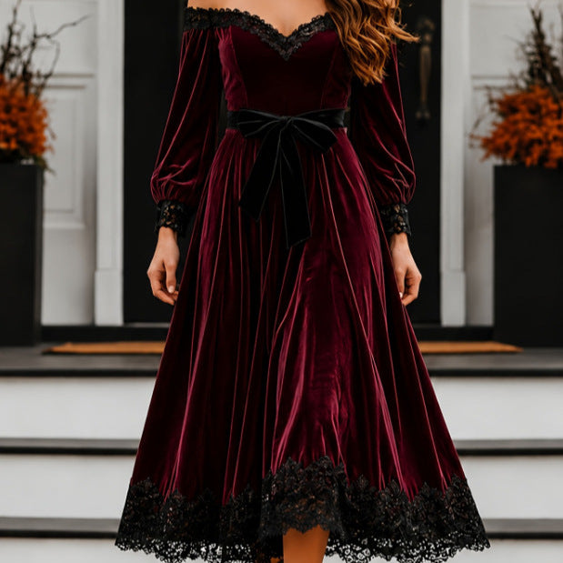 Samt-Maxikleid mit Spitze und langen Ärmeln – Bild 6 | LuxeStyle