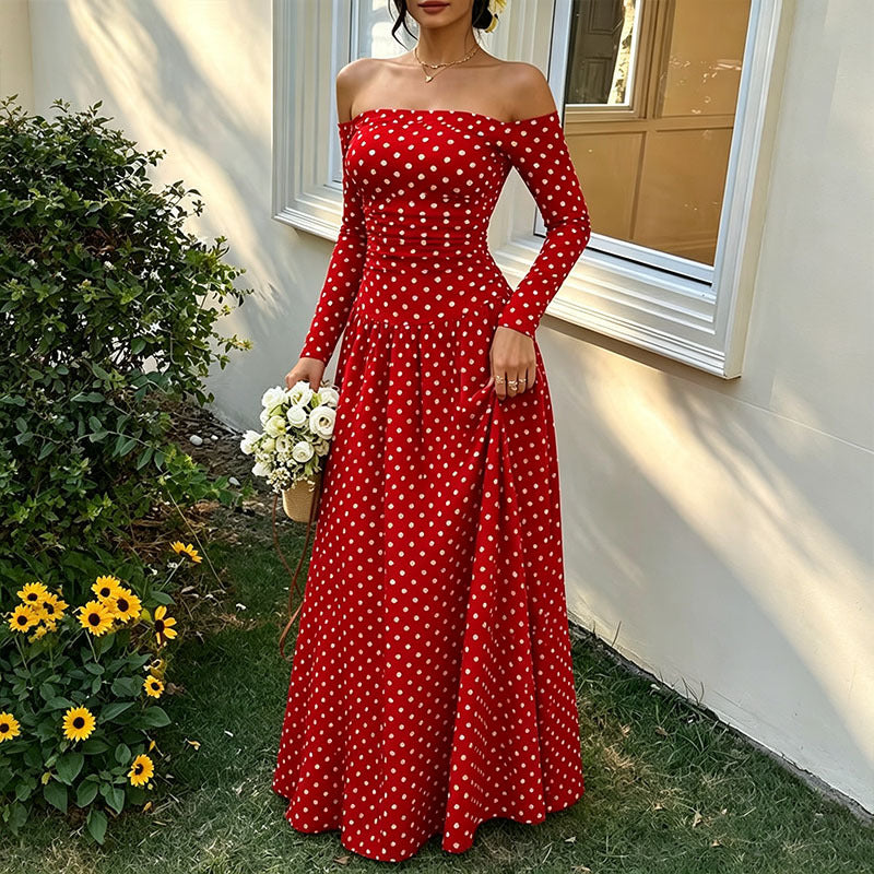 Off-Shoulder Polka-Dot Maxikleid