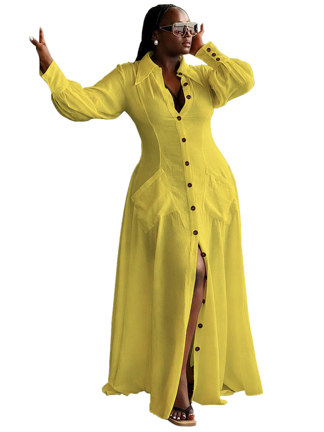 Elegantes V-Neck Maxikleid mit Knopfleiste