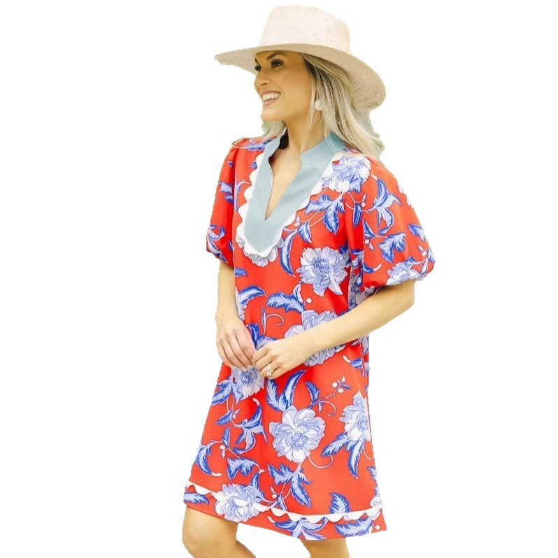 Damen Kleid mit Spitze und Farbblock-Print