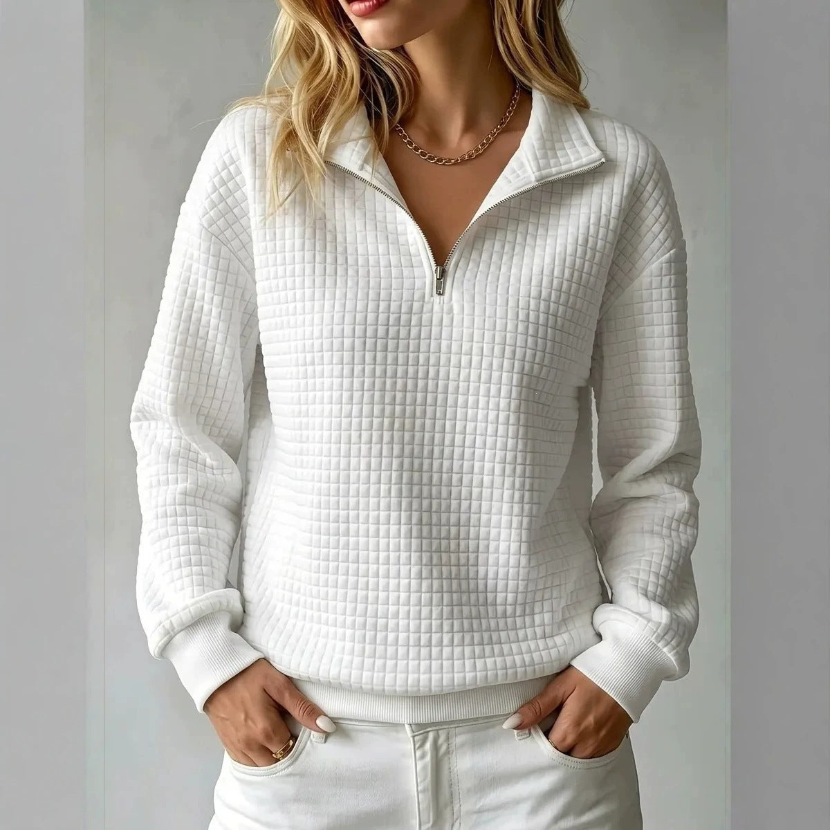 Lässiger Waffelstrick-Stehkragen-Pullover mit Reißverschluss