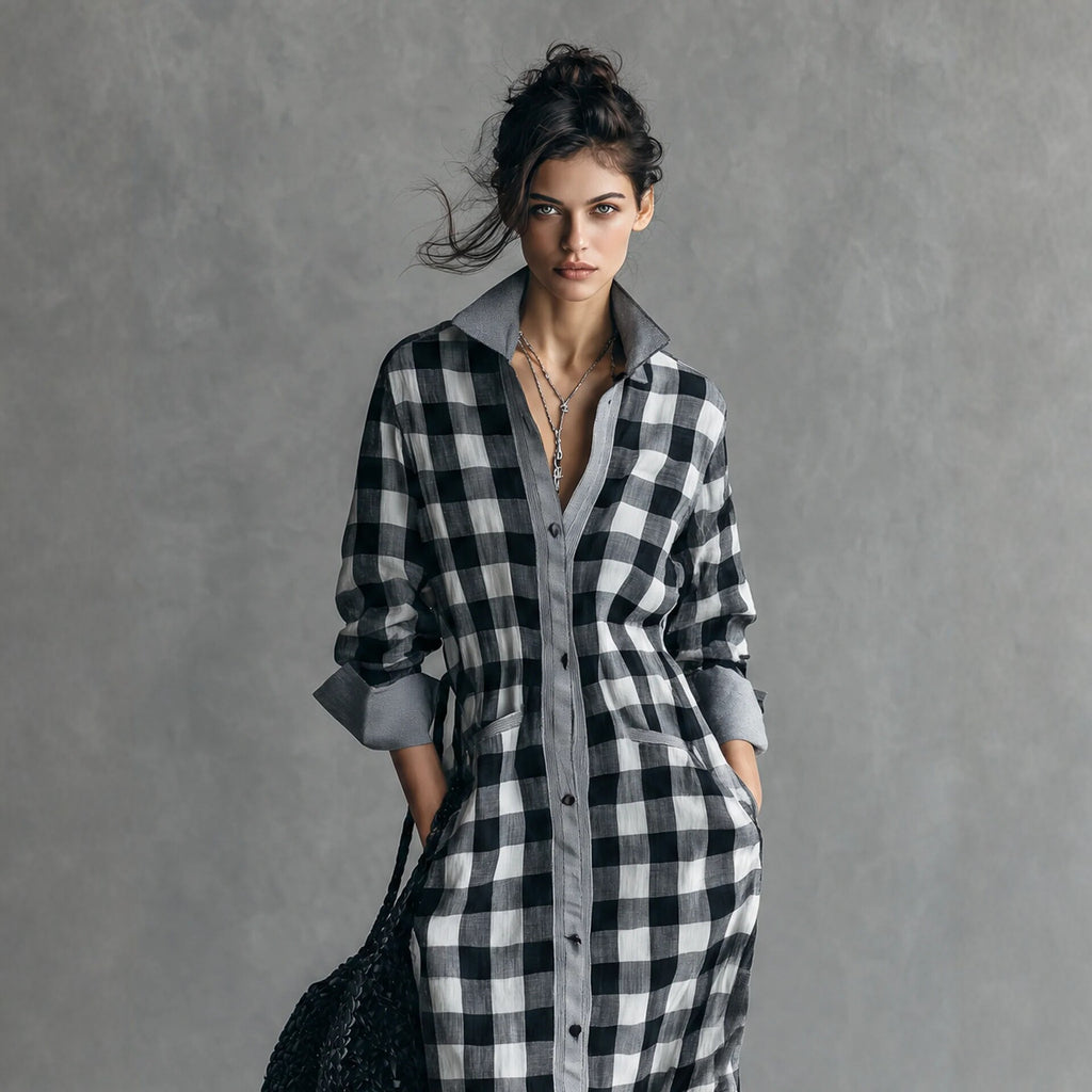 Kariertes Langarm-Hemdblusenkleid für Damen