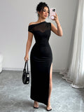 Schwarzes Off-Shoulder Spliced Kleid – Bild 7 | LuxeStyle