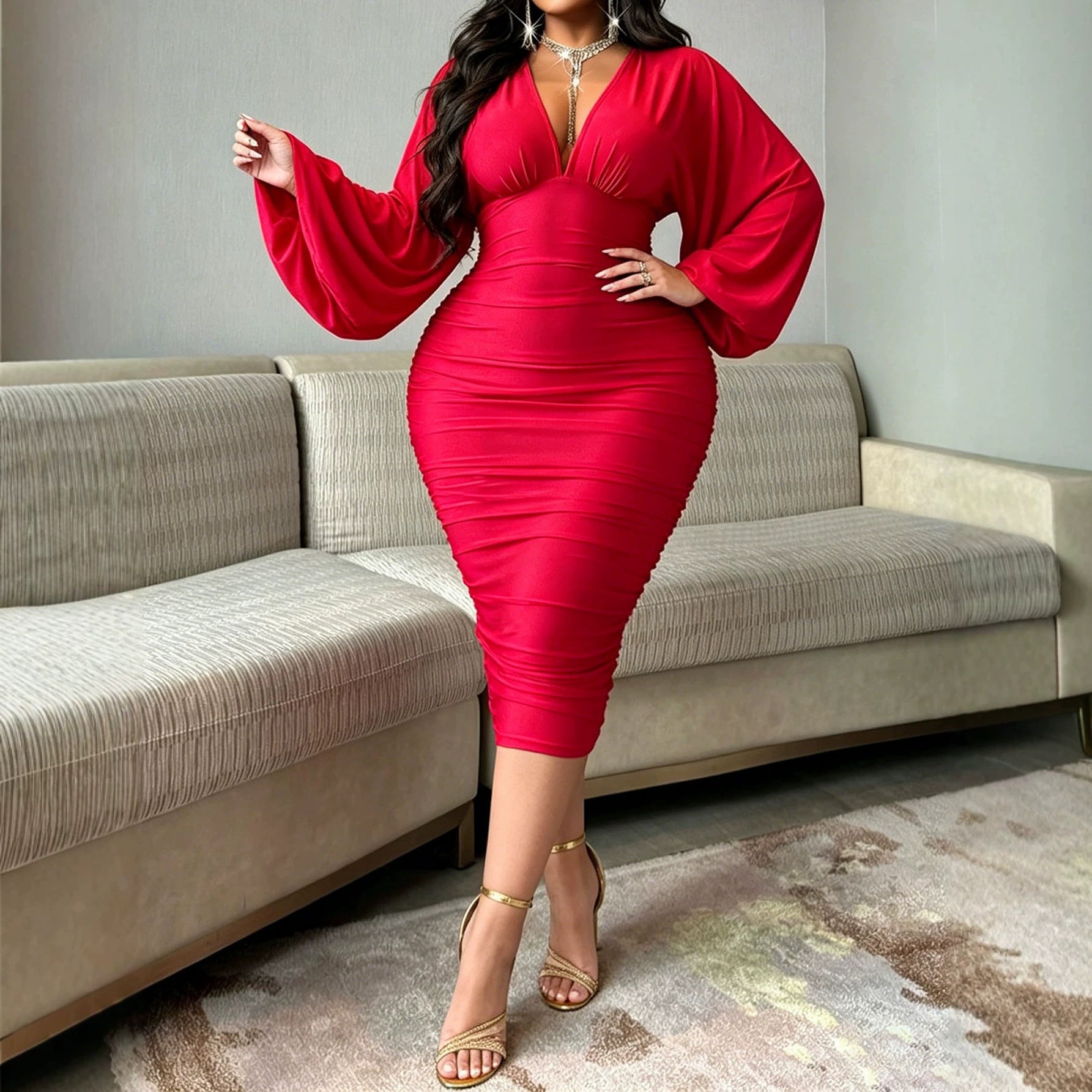Elegantes V-Ausschnitt Strickkleid in Rot