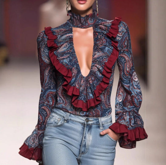 V-Ausschnitt Chiffon-Shirt mit Print – Bild 3 | LuxeStyle