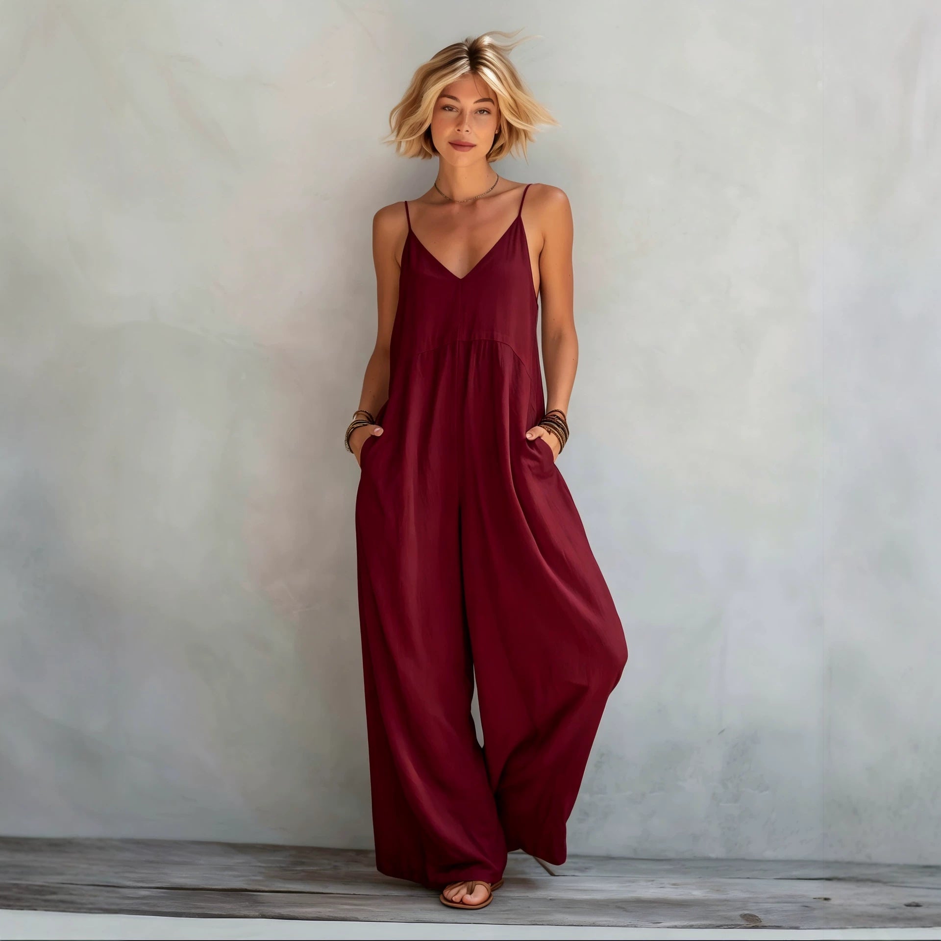 Leinen-Jumpsuit mit weitem Bein und V-Ausschnitt