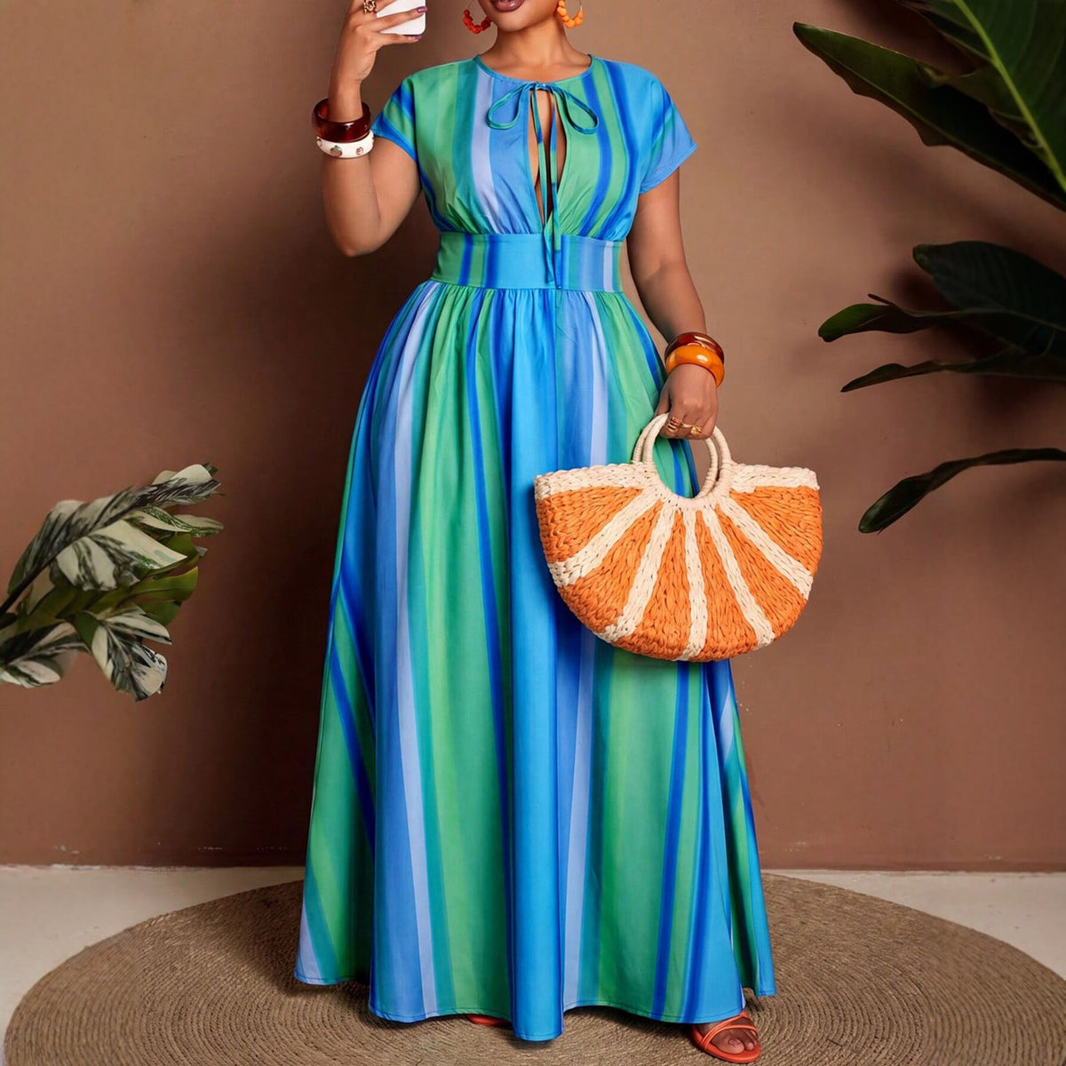 Gestreiftes A-Linien-Kleid mit Farbblock – Bild 2 | LuxeStyle