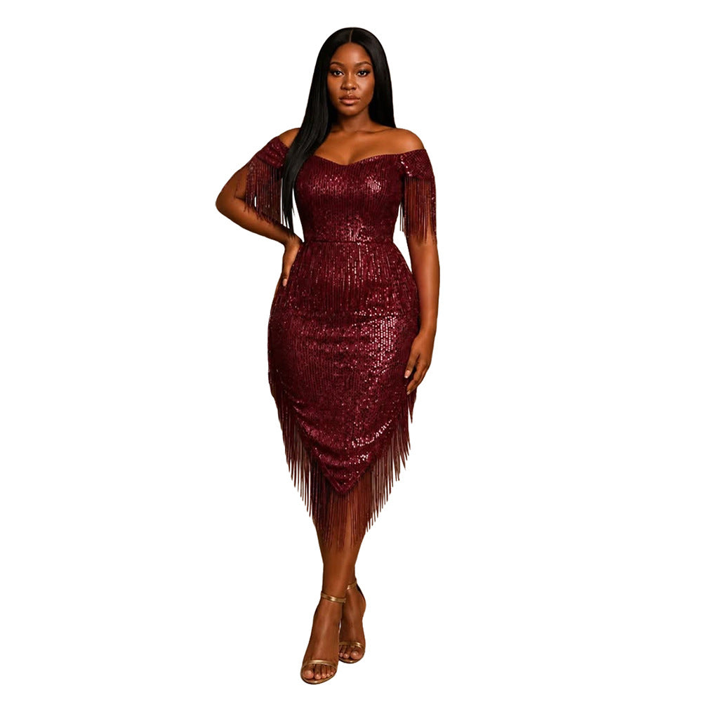 Off-Shoulder Tassel Kleid mit asymmetrischem Saum