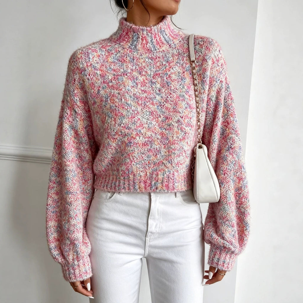 Bunter Strickpullover mit Stehkragen