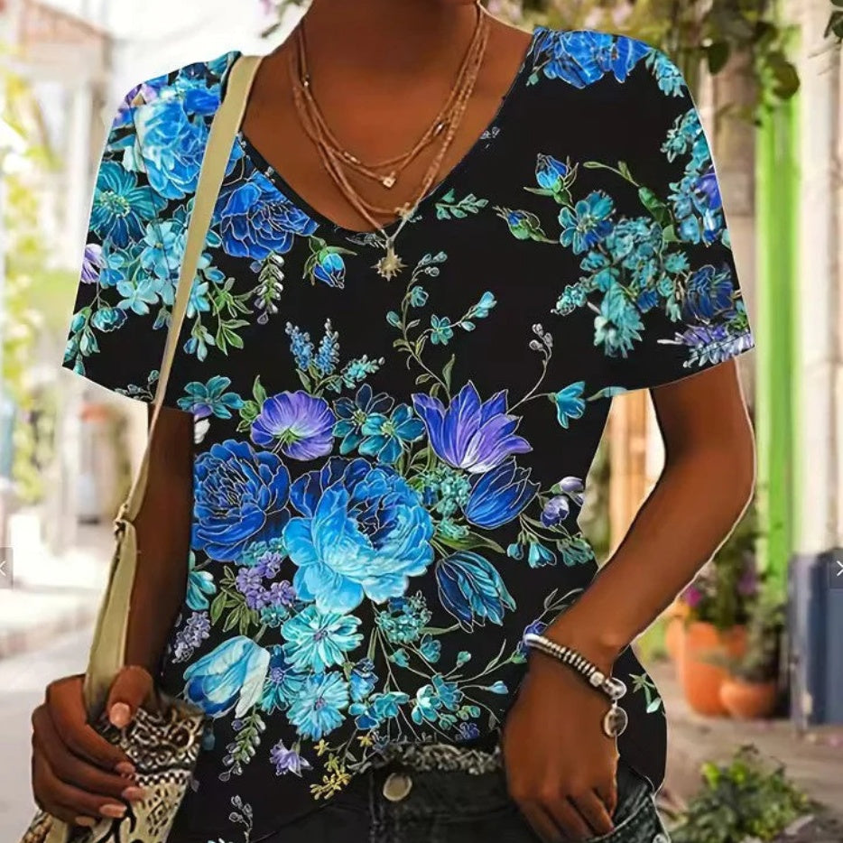 V-Neck T-Shirt mit Blumenprint
