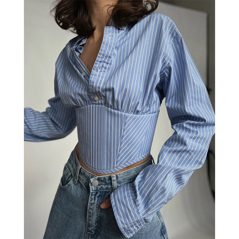 Stripeschulterbluse mit Taille, kurze Länge, lange Ärmel – Bild 2 | LuxeStyle
