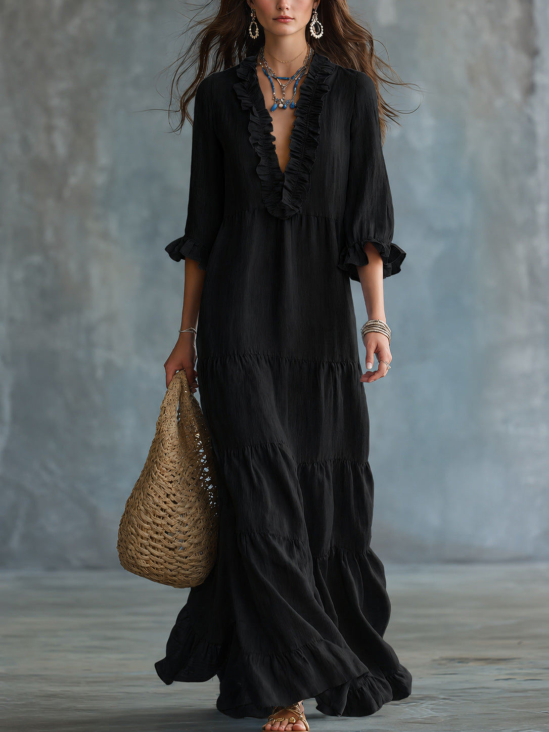 V-Ausschnitt Maxi-Kleid mit Rüschensaum – Bild 4 | LuxeStyle