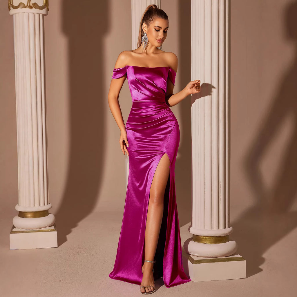 Rosenrotes Satin-Abendkleid mit Off-Shoulder – Bild 6 | LuxeStyle