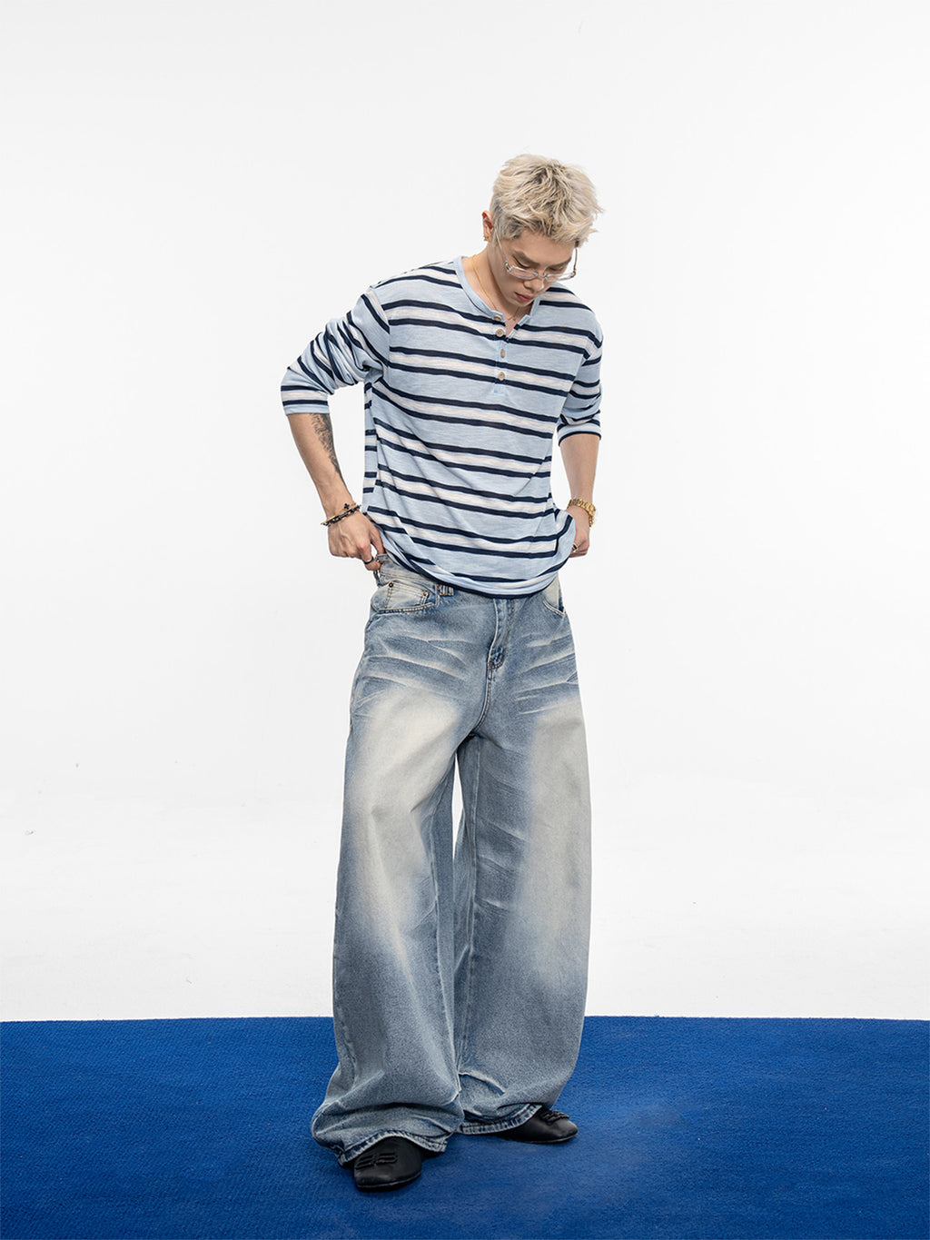 Burgunder- und Blaue Streifen-Henley mit Fleece | LuxeStyle