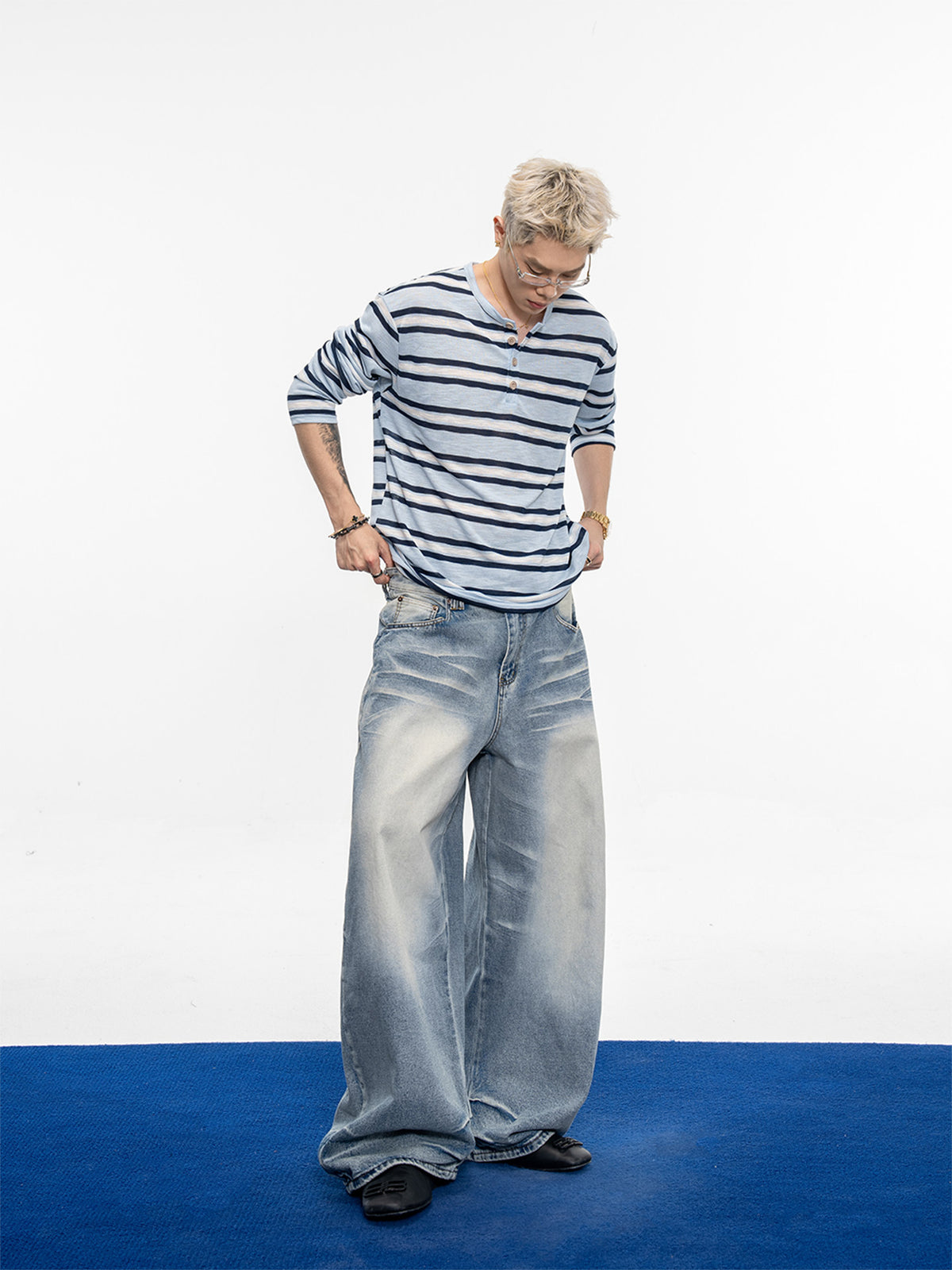 Burgunder- und Blaue Streifen-Henley mit Fleece | LuxeStyle