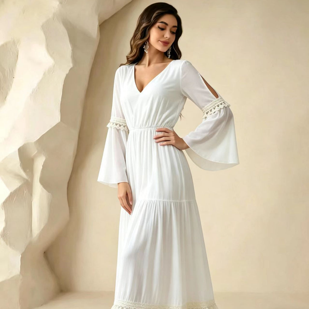 Weisses V-Ausschnitt Split-Bell-Sleeve Kleid – Bild 3 | LuxeStyle