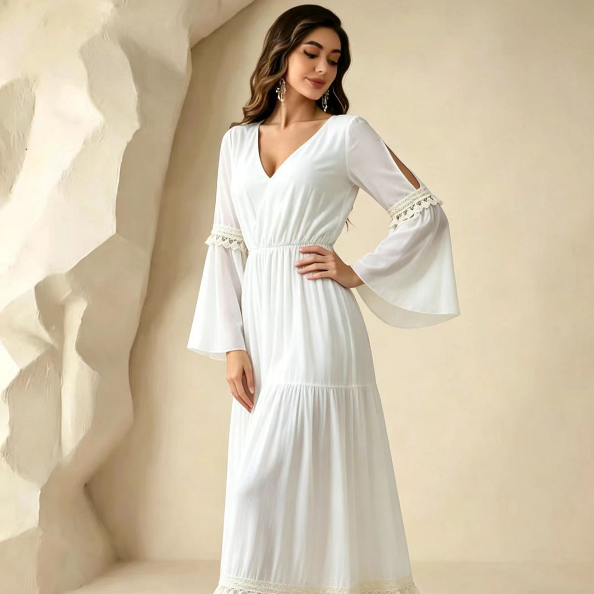 Weisses V-Ausschnitt Split-Bell-Sleeve Kleid – Bild 3 | LuxeStyle