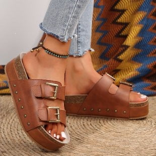 Plateau Leder Zehensteg-Sandalen