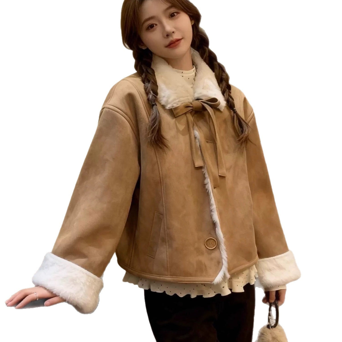 Kurze Lammfell-Jacke mit Kunstfellkragen – Bild 2 | LuxeStyle