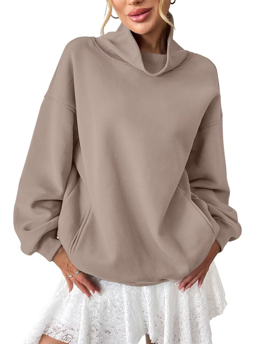 Damen Rollkragen Loose-fit Fleece-Pullover