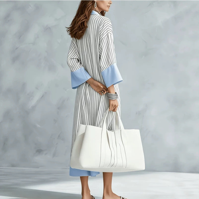 Gestreiftes A-Linien Kleid mit V-Ausschnitt – Bild 3 | LuxeStyle