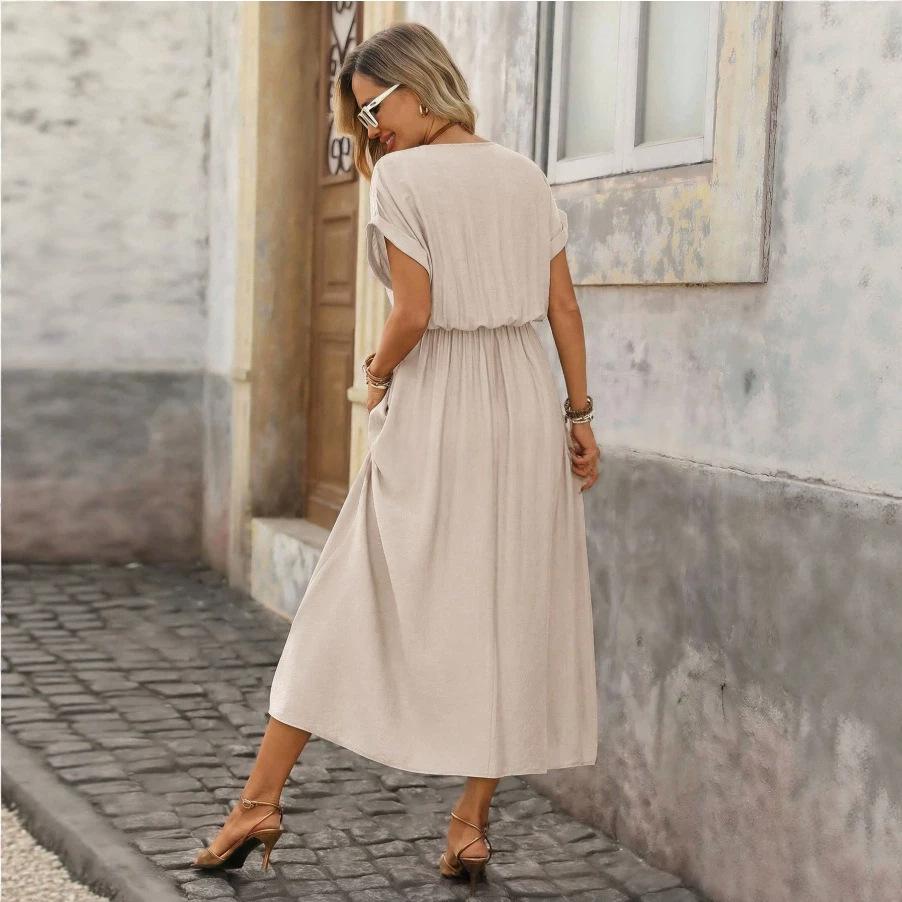 Kurzärmliges A-Linien-Kleid mit V-Ausschnitt – Bild 1 | LuxeStyle