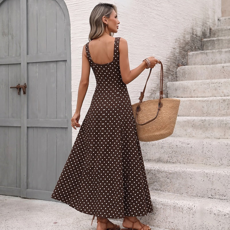 Gepunktetes ärmelloses Slip-Kleid mit eckigem Ausschnitt