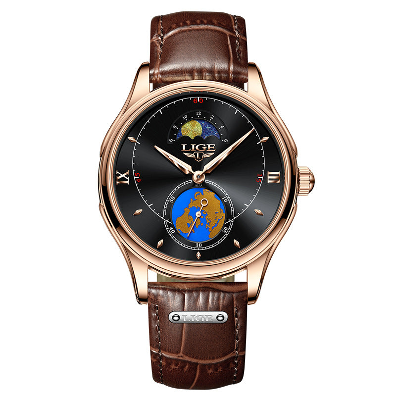 Herren Quarzuhr Business Mondphase Lederarmband | LuxeStyle