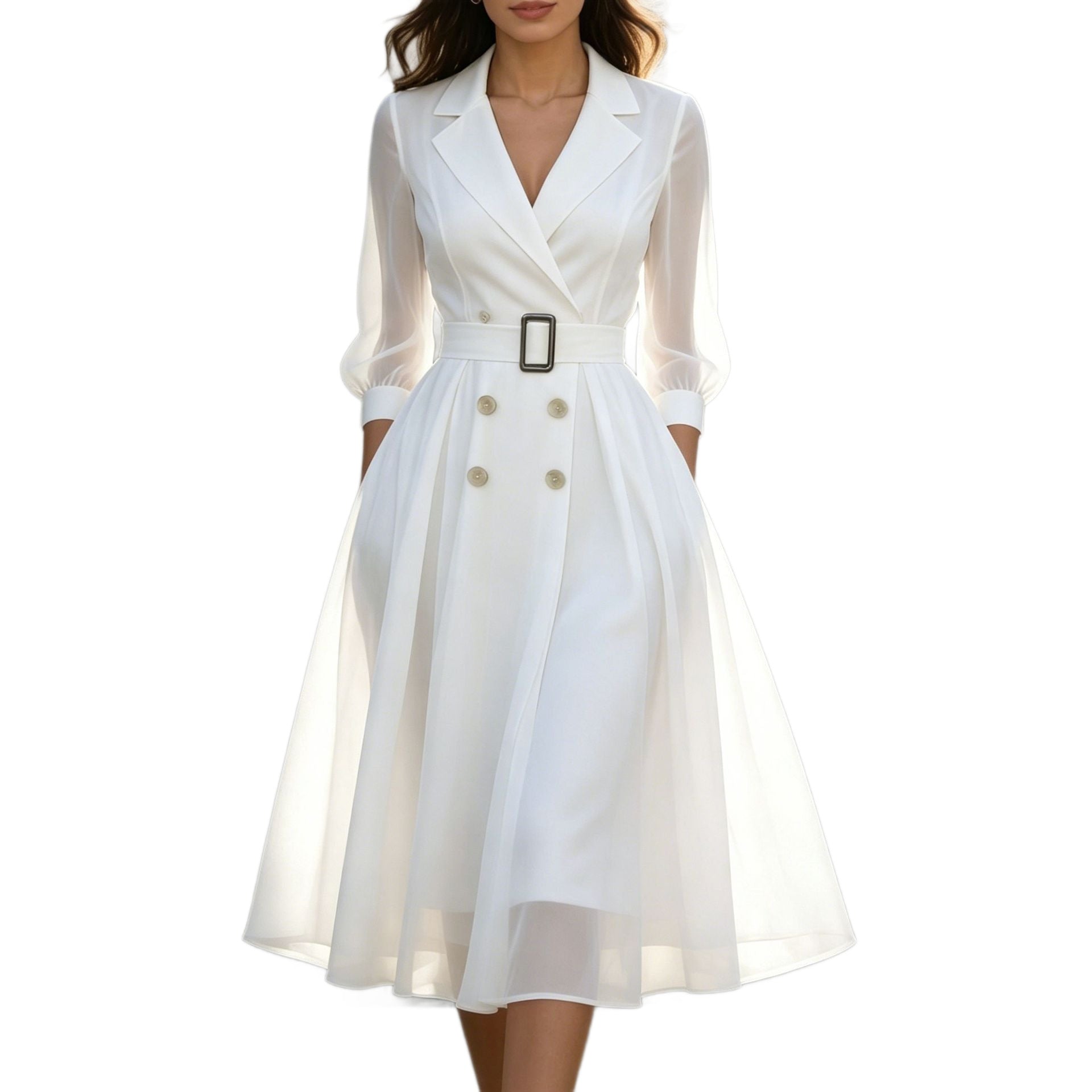 V-Ausschnitt Tailliertes Langarmkleid Damen