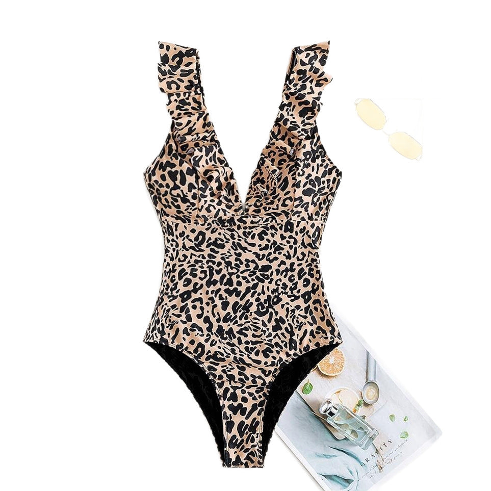 Leopard-Print Badeanzug mit Rüschen – Ansicht 3