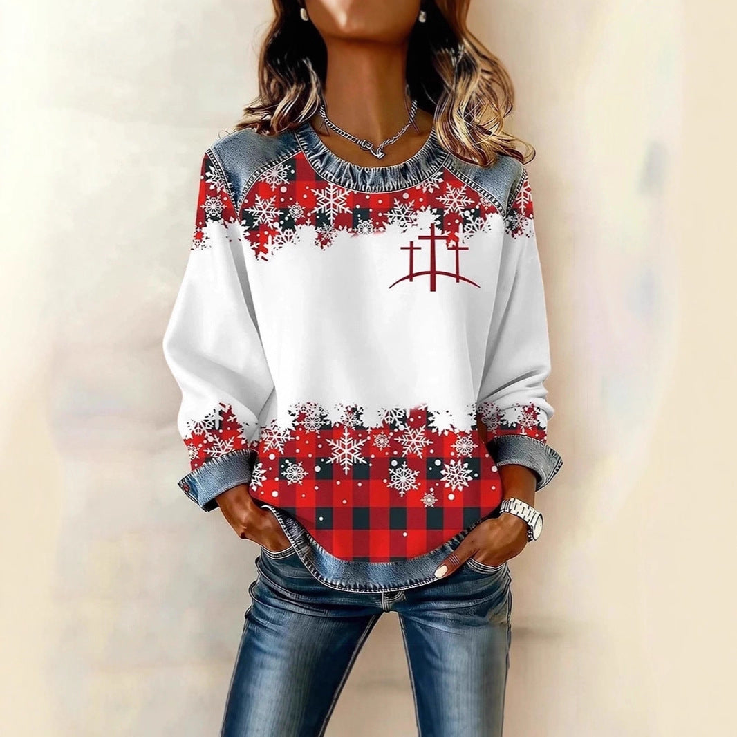 Blumen-Denim-Patchwork Hoodie für Damen