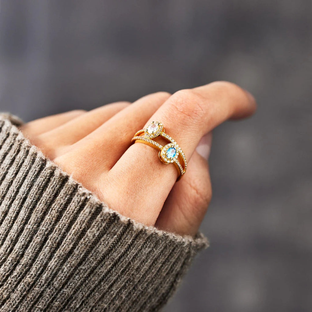 Doppel-Ring «Duo» · S925 Silber mit Zirkonia & Topas-Blau