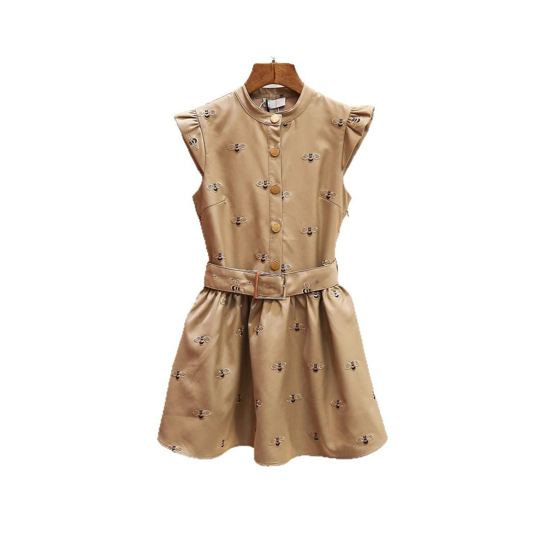 Französisches Chic Bienen-Stickerei Volant-Kleid